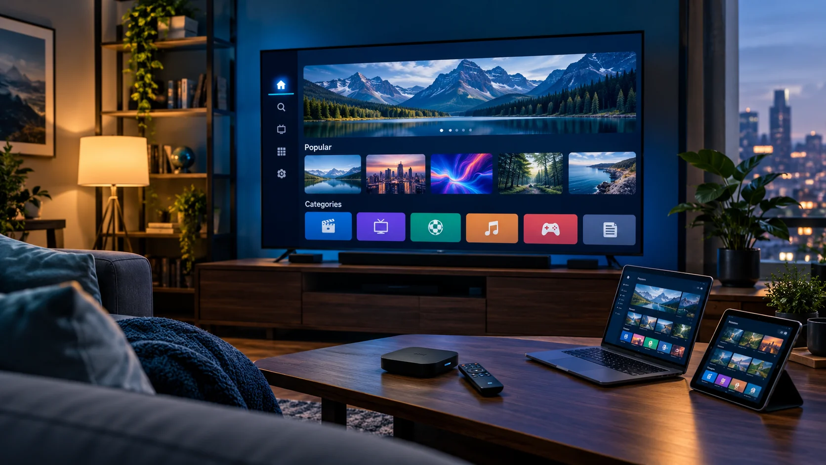 Modern home entertainment setup with a large television, streaming box, remote control, laptop and tablet